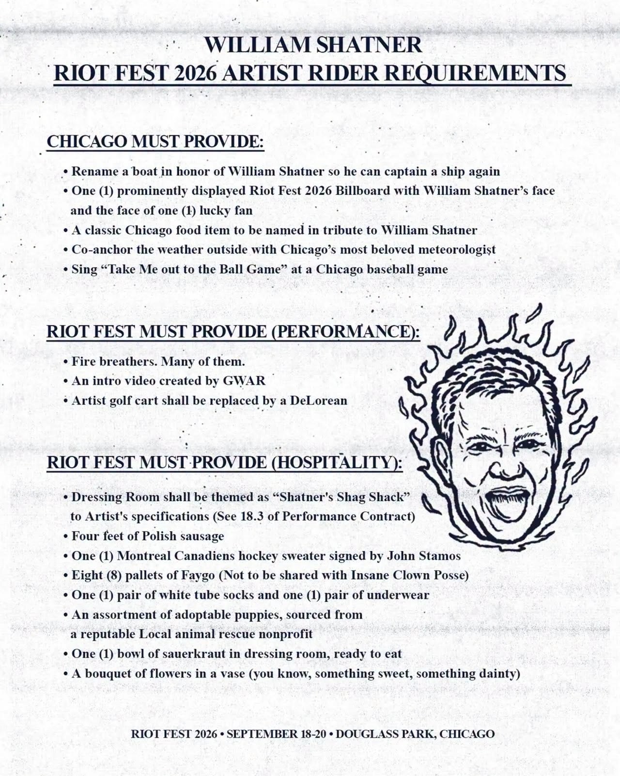 Lista de exigências de WILLIAM SHATNER para tocar no “Riot Fest” envergonharia até o VAN HALEN
